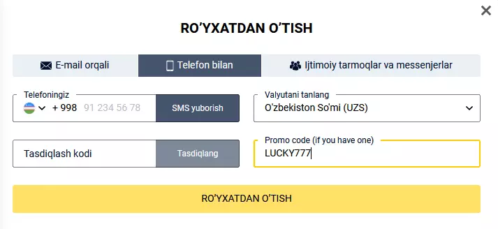 Luckypari.com rasmiy veb-saytida ro'yxatdan o'tish